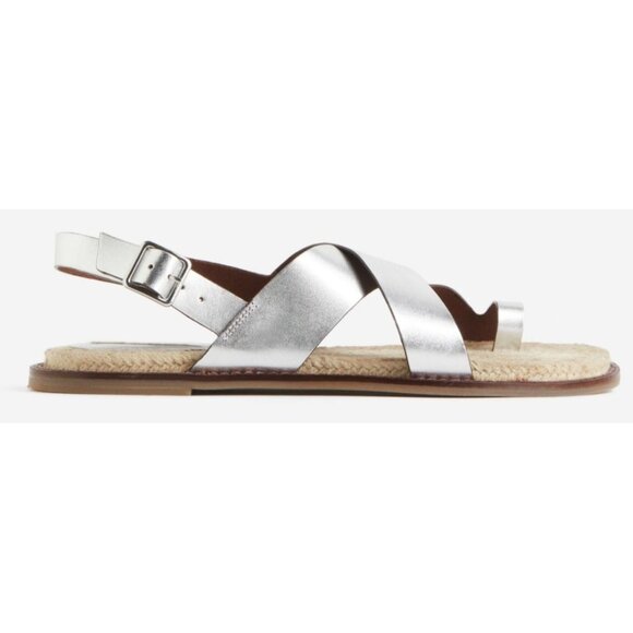 H&M Premium Silver Leather Women's 8 Toe Post Flat Jute Sole Sandals Boho Hippie - Picture 3 of 8